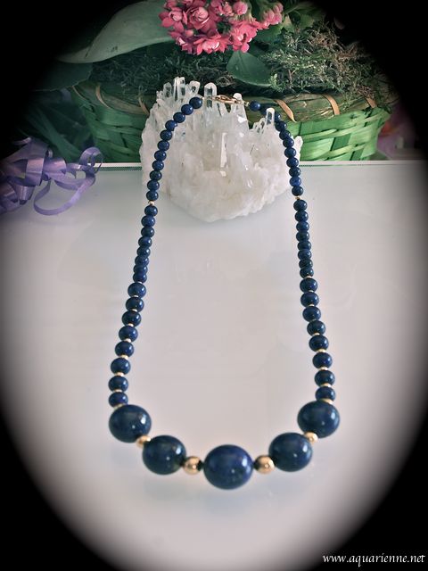 Collier Vintage Lapis Lazuli Et Perles Dorées - Longueur 41-45 Cm