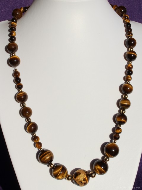 Collier En Perles D'Oeil De Tigre | Longueur 46-50 Cm, Pierre Ronde, Neuf