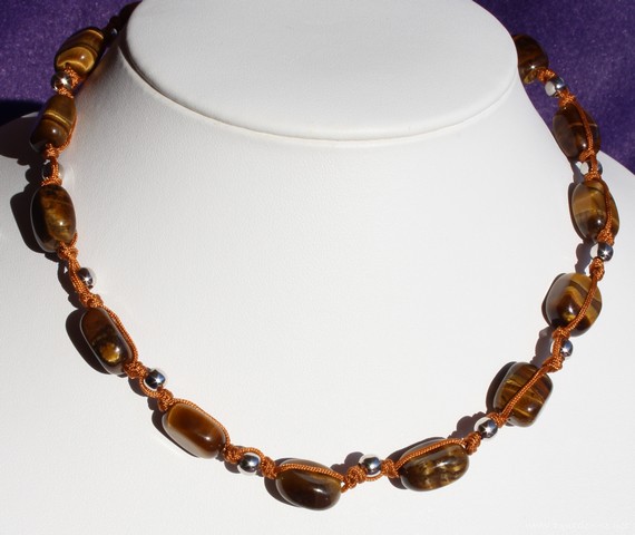 Collier Perles œil De Tigre - Grosses Perles, Montage Nœud Vintage - Longueur 46-50 Cm - Argent Sterling, Occasion