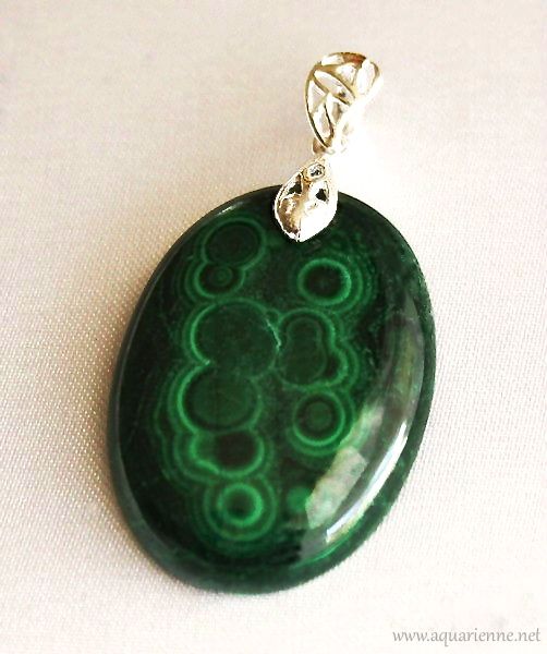 Pendentif Argent 925 Avec Cabochon De Malachite Verte - Bijou Vintage Occasion